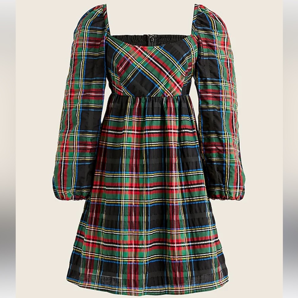 J Crew Puff-sleeve mini dress in Stewart tartan